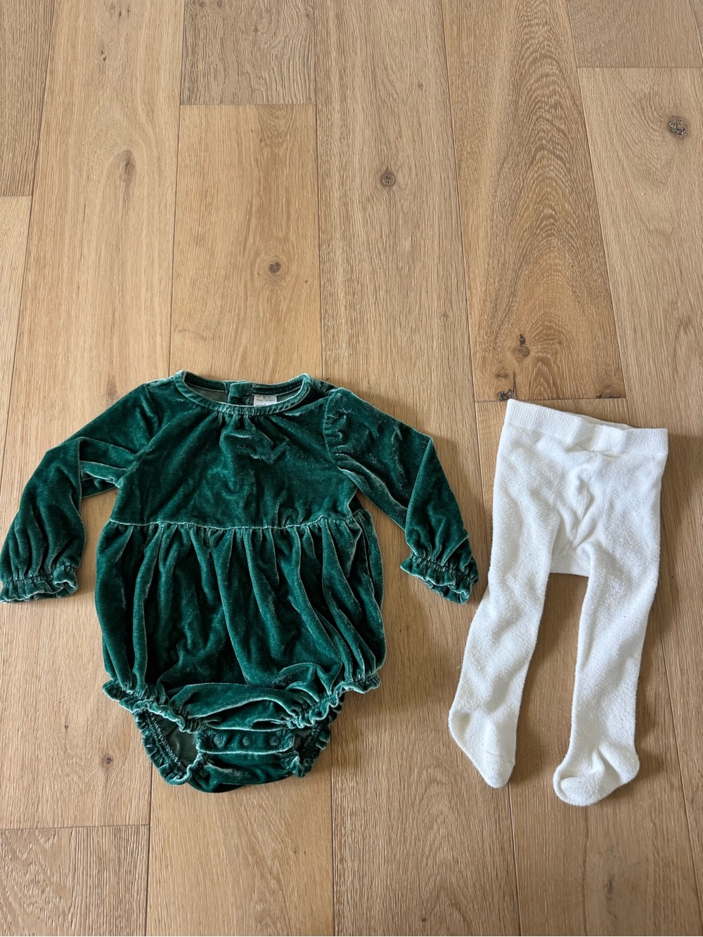 Carter’s Green Velvet Bubble Romper and knit tights